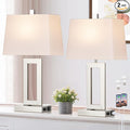 Table Lamp Set of 2 with USB C+A Ports & AC Outlet, Bedside Lamps, Modern Bedroom Lamps, Silver Lamps for Night Stands Bedroom Living Room,Nightstand Lamp