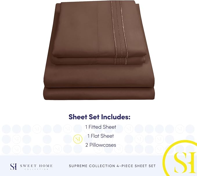 RV Queen Bed Sheets - Breathable Luxury Sheets with Full Elastic & Secure Corner Straps Built In - 1800 Supreme Collection Extra Soft Deep Pocket Bedding Set, Sheet Set, RV Short Queen, Brown