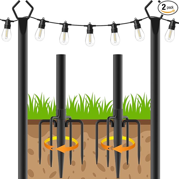 2 Pack 10Ft String Poles, Poles for Outside String Lights,Outdoor with Fork,Metal Poles Stand for Patio,Backyard,Deck