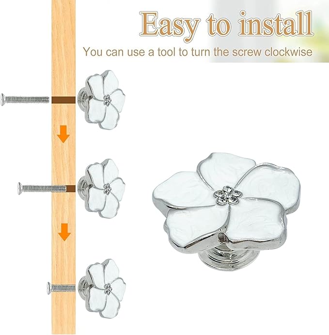 4pcs White Flower Petal Handles Kitchen Cabinet Drawer Knobs & Pulls (Silver, 8 Screws)