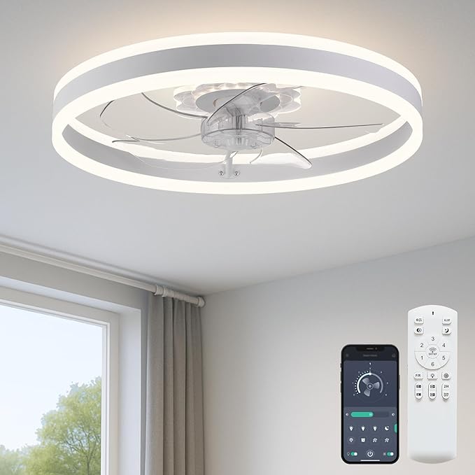 Ceiling Fan with Light, Upgraded 20‘’ Low Profile Fan, Flush Mount Ceiling Fan, 6 Speeds, Dimmable LED, App & Remote Control, Quiet DC Motor, for Bedroom, Living Room, F105 White