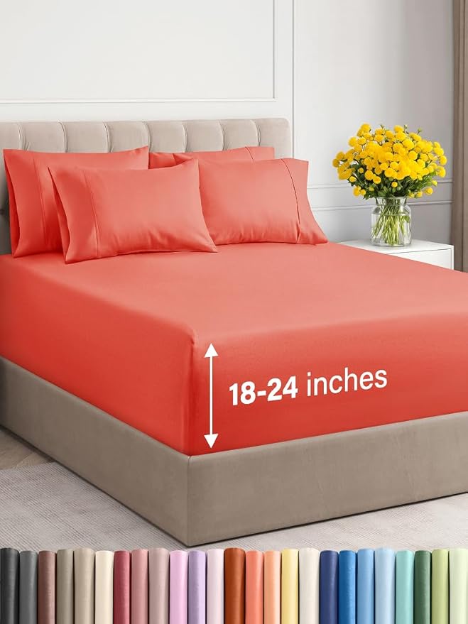Extra Deep King Sheet Set - 6 Piece Breathable and Cooling Sheets - Hotel Luxury Bed Sheets Set - Easy & Secure Fit - Soft, Wrinkle Free and Comfy Sheets Set - Coral Sheet Set with Extra Deep Pockets
