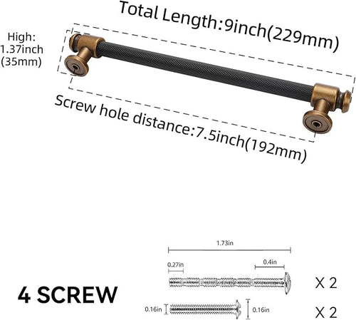 10 Pack 7-1/2 inch(192mm) Black and Antique Brass Kitchen Cabinet Handles Knurled Cabinet Pulls Black Drawer Pulls Kitchen Cabinet Hardware