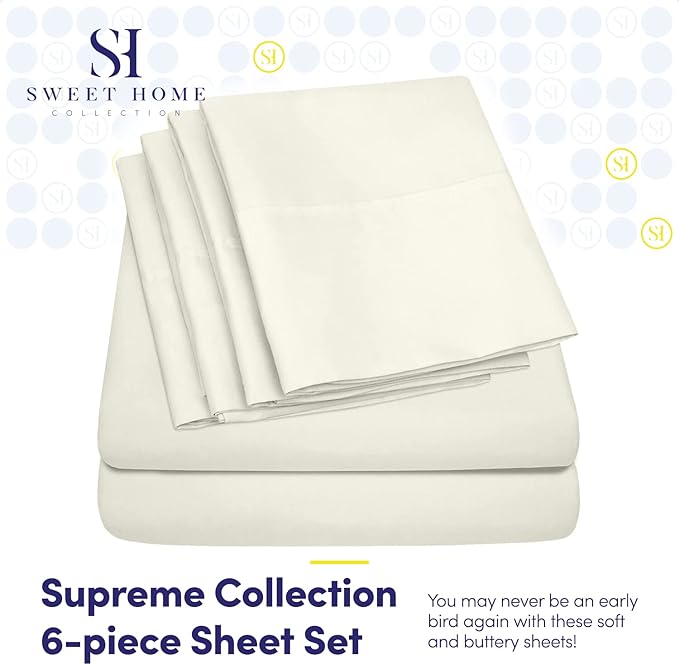 Sweet Home Collection 6 Piece 1500 Supreme Collection Brushed Microfiber Deep Pocket Sheet Set-2 Extra Pillow Cases, Great Value, Rv Short Queen, Ivory