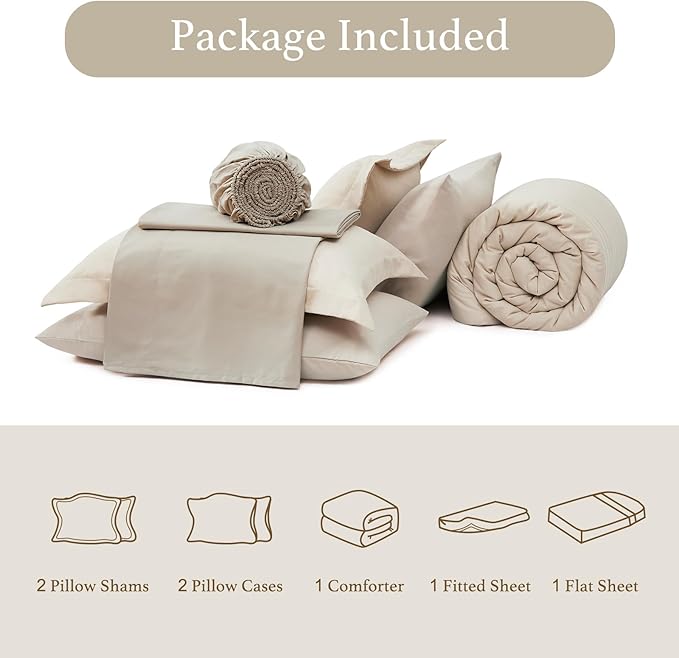 Monbix King Size Comforter Set - 7 Pieces Bed in a Bag King, Apricot Beige Bedding Sets with Comforter, All Seasons Comforter Bed Set with Sheets, Pillowcases & Shams