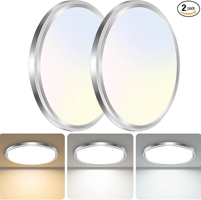zemty 2Pack LED Ceiling Light Fixture, 6.5-Inch 12W 1200lm Small Flush Mount Light, Adjustable 3000K 4000K 6500K Color Temperatures, Round Flat Recessed Lamp for Kitchen Closet Hallway Laundry, Nickel