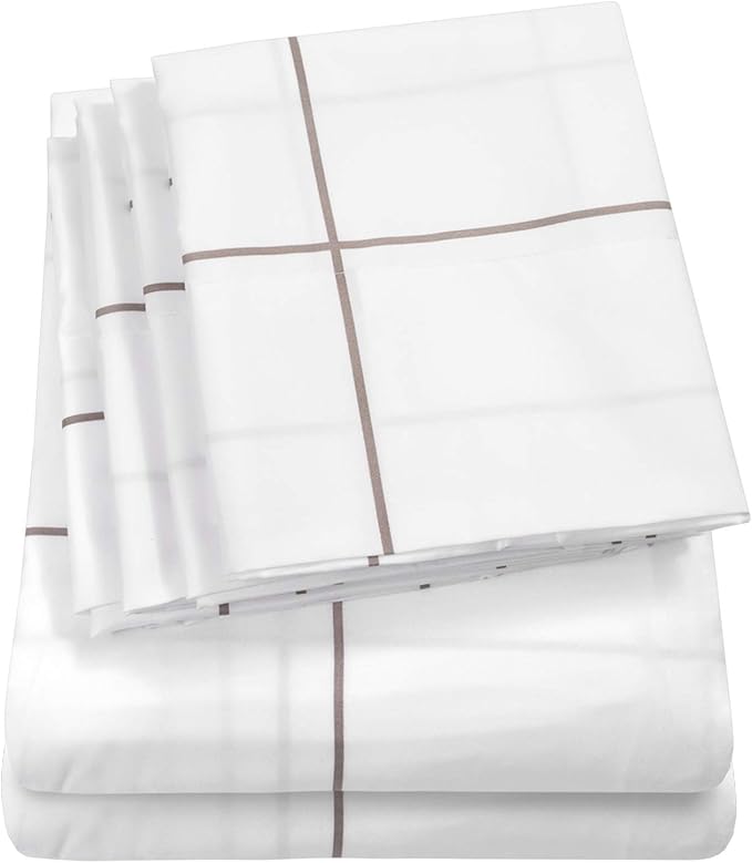 Cal King Size Bed Sheets - 6 Piece 1500 Supreme Collection Fine Brushed Microfiber Deep Pocket California King Sheet Set Bedding - 2 Extra Pillow Cases, Great Value, California King, Window Pane White