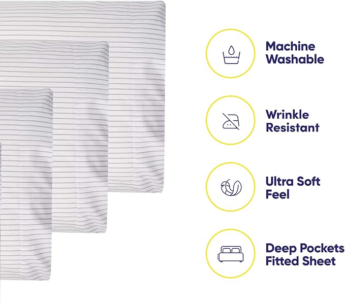 King Size Bed Sheets - 6 Piece 1500 Supreme Collection Fine Brushed Microfiber Deep Pocket King Sheet Set Bedding - 2 Extra Pillow Cases, Great Value, King, Pinstripe White