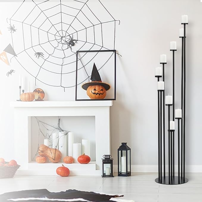 Set of 4 Floor Candle Holders,9 Arm Candle Holder for Fireplace Decoration,Black Metal Candle Stick Holders for Pillar Tealight Candles on Home Derecotion