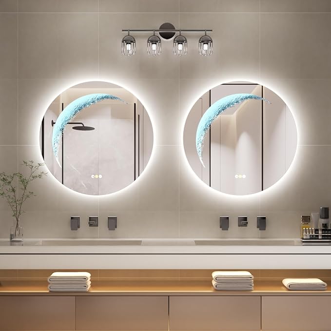 28'' Round Bathroom Mirror with Light, Frameless Circle Mirror with Backlit & Half Moonlight, Anti-Fog, Tempered Glass, Dimming LED Vanity Mirrors for Oversink, Bedroom, Wall Decor, Entryway