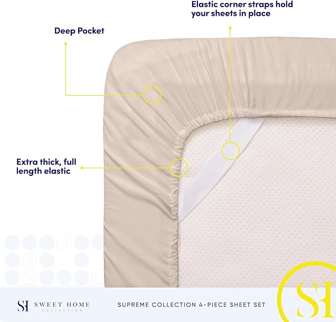 Queen Size Bed Sheets - Breathable Luxury Sheets with Full Elastic & Secure Corner Straps Built In - 1800 Supreme Collection Soft Deep Pocket Bedding, Sheet Set, EXTRA DEEP pocket - Queen, Beige