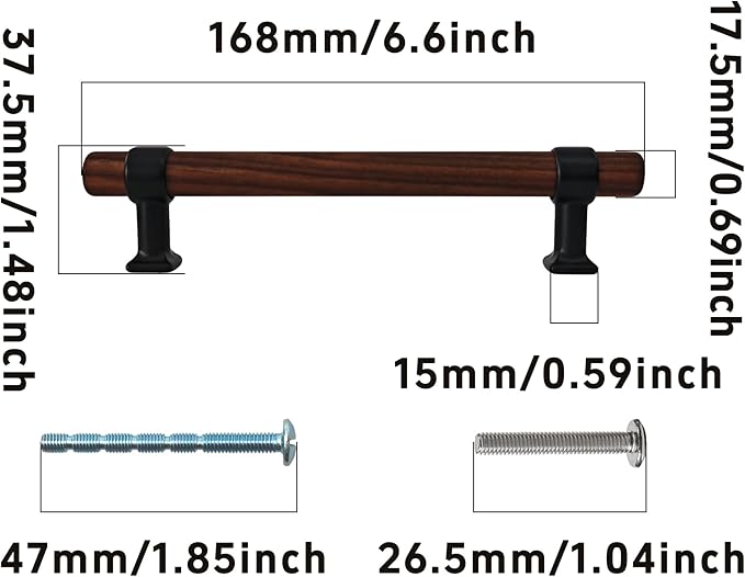 4Pcs 6.6” Walnut Wood Drawer Pulls, 128mm/5 Hole Center, Kitchen Cabinet Hardware Handles, Metal and Wooden Cabinet Knobs, T Bar Knob Pull Handles for Wardrobe, Dresser, Cupboard