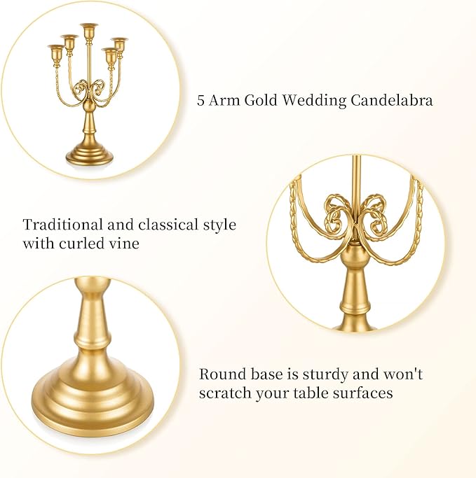 Romadedi Candelabra Gold Candle Holders - 5 Arm 11.8" Wedding Candlestick Holder for Theme Party Table Centrepiece Decor Dining Room Birthday Holiday Christmas