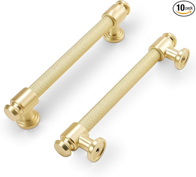10 Pack 5 inch(128mm) Brushed Brass Kitchen Cabinet Handles Knurled Cabinet Pulls Gold Drawer Pulls Kitchen Cabinet Hardware