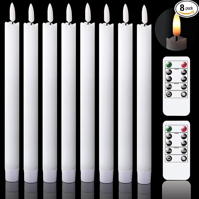 GenSwin Flameless Flickering Taper Candles with 2 Remote Controls and Timer, Real Wax 3D Wick Light Window Candles Battery Operated Pack of 8, Christmas Home Wedding Decor(White, 0.78 X 9.64 Inch)