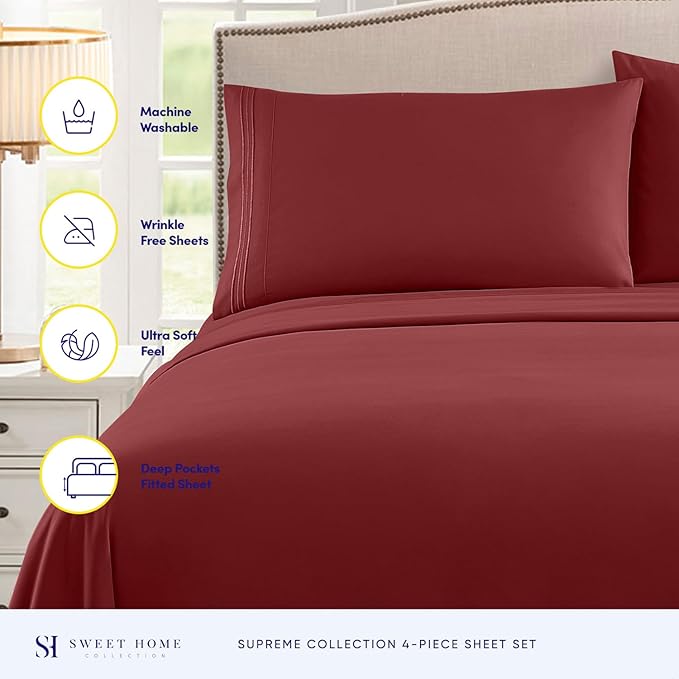 Full Size Sheet Sets - Breathable Luxury Sheets with Full Elastic & Secure Corner Straps Built In - 1800 Supreme Collection Extra Soft Deep Pocket Bedding Set, Sheet Set, Full, Burgundy