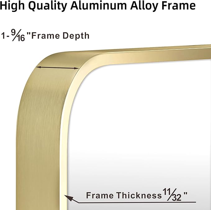 24"x36" Matte Gold Mirror for Wall, Brushed Metal Framed Rounded Corner Rectangular Mirror for Bathroom Vanity,Entryway,Living Room,Bedroom,Vertical or Horizontal