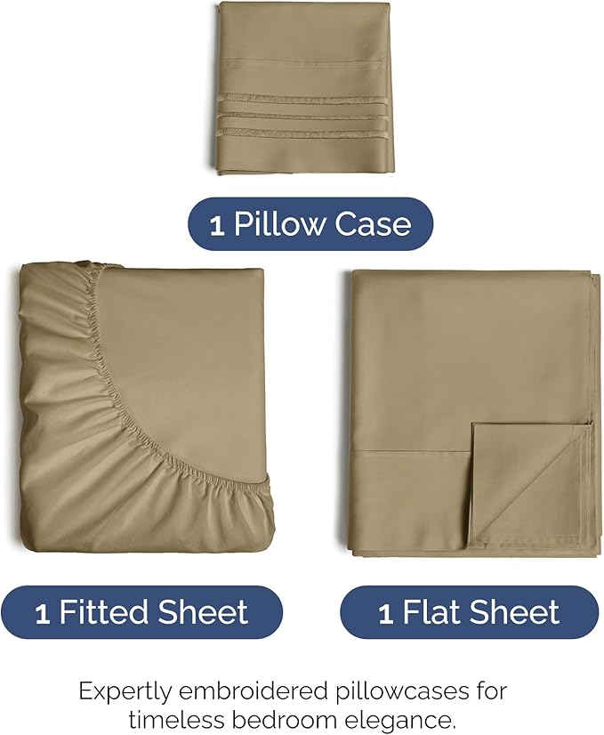 Twin XL Size 3 Piece Sheet Set - Comfy Breathable & Cooling Bed Sheets Set - Hotel Luxury Bedding for Women, Men, Kids, Teens, Boys & Girls - Deep Pockets, Ultra-Soft, Wrinkle Free - Oeko-Tex - Khaki