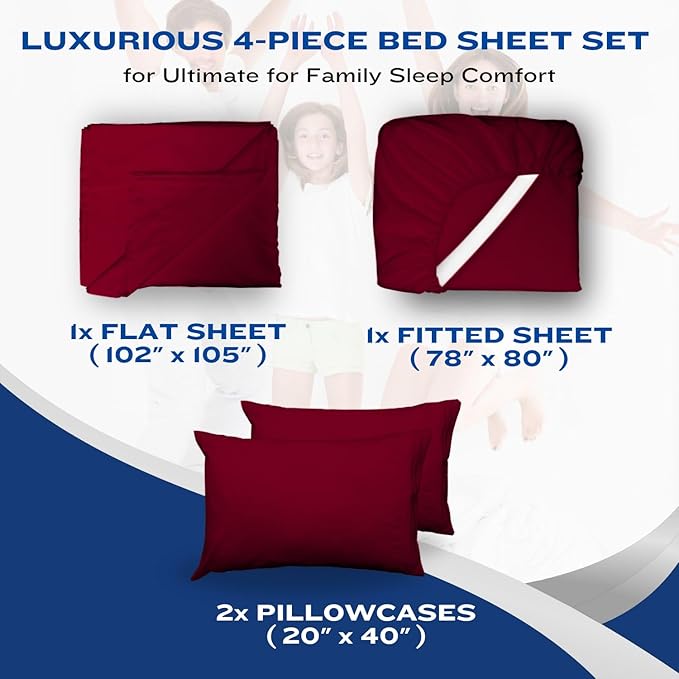DREAMCARE Full Size Cooling Sheets - 4pcs Set - Soft & Long Lasting 100% Fine Brushed Polyester with Side Pocket - Burgundy
