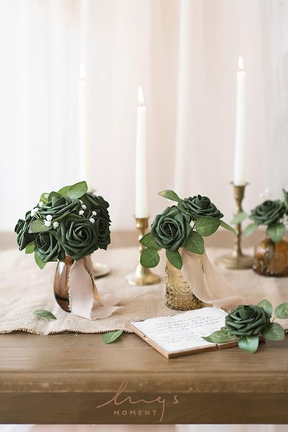 Ling’s Moment Artificial Flowers 25Pcs Emerald Green Roses Decor w/Stems,3" Real Touch DIY Foam Floral for Wedding Bouquet/Centerpieces, Outdoors Party Backdrop, Room/Table, and Garden/Pot Decorations
