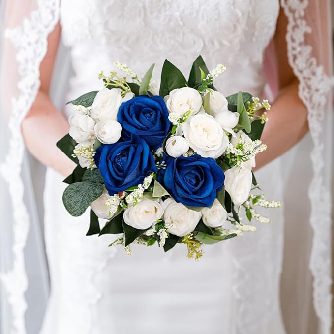 Wedding Rose Bouquet Bridesmaid Flower Bouquets, Artificial Flower Blue White Rose Wedding Bouquets for Bride Bridesmaid Bouquet Faux Bouquet Bride Bridesmaid Holding Flower for Wedding Decor, Medium