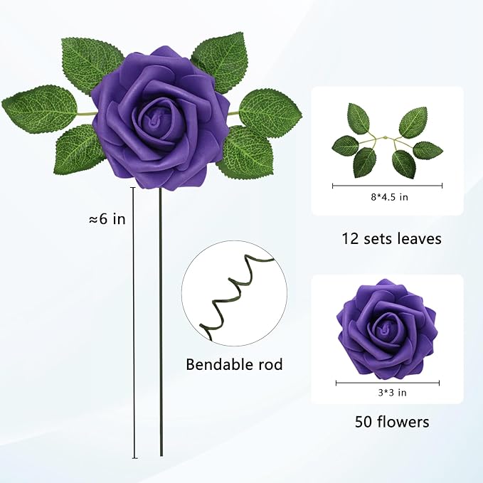 Artificial Flowers Realistic Roses, 50pcs Real Looking Fake Roses with Stem for DIY Wedding Bouquets Centerpieces Bridal Shower Party Home Romantic Decorations (Regular 3" - 50pcs, Dark purple)