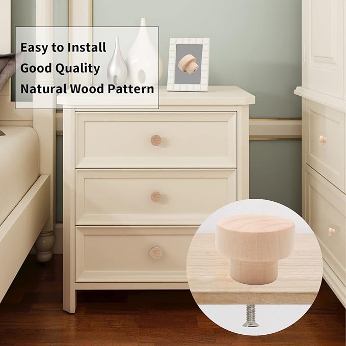 16PCS Wood Knobs Flat Top Round Cabinet Knobs 1.39"(35mm) Unfinished Wooden Dresser Drawer Pulls Kitchen Cabinet Handles