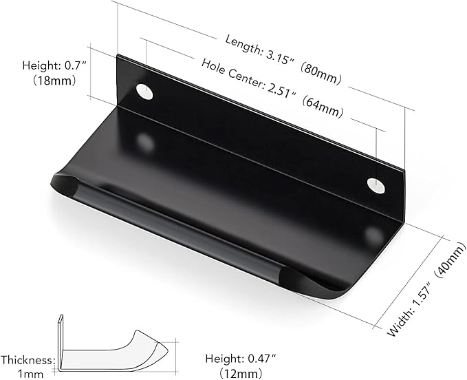 10 Pack Black Cabinet Handles, 3.15 Inch (80mm) Finger Edge Pulls, 2-1/2 Inch Hole Center, Finger Pulls for Cabinets, Hardware