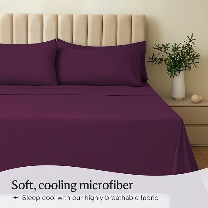 LuxClub 4 PC Full Sheet Set, Breathable Luxury Bed Sheets, Deep Pockets Wrinkle Free Cooling Bed Sheets Machine Washable Hotel Bedding Silky Soft - Eggplant Full