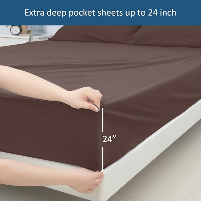King Size Sheets Set for Air Mattress - Deep Pocket King Sheet Set - 3Pcs Side Storage Pocket Fitted Sheet & Pillowcases Easily Fits 16in to 24in Pillow Top Air Bed Mattress - Brown