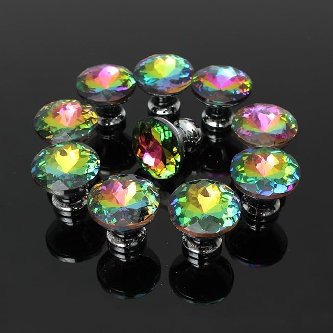 10 Pcs 30mm Silver Plated Base Diamond Shape Crystal Glass Cabinet Knob Drawer Knob Pull Handle Used for Kitchen, Dresser, Door, Cupboard (Multicolor)