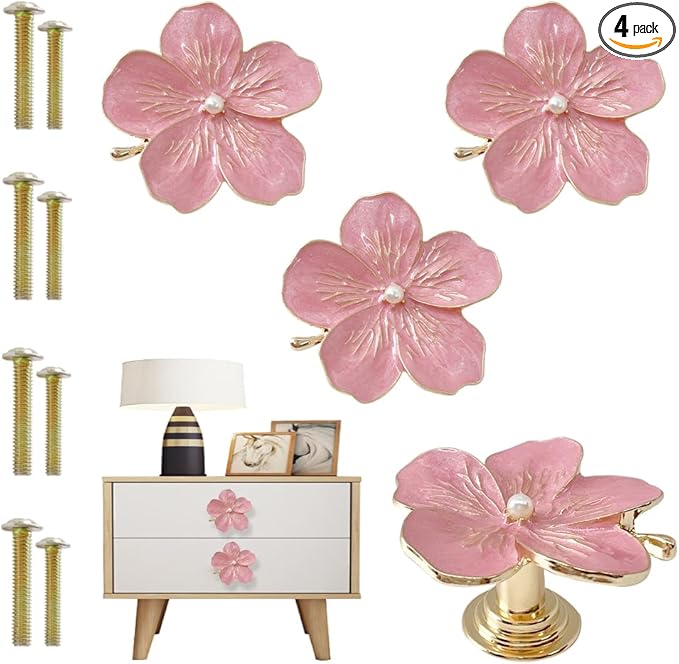 4 Pcs Petal Cabinet Knobs Creativity Flower Shaped Drawer with Metal Handles Screws for Dresser Handles Cabinet Wardrobe Door Handle Decorative Furniture (Pink Pearl)
