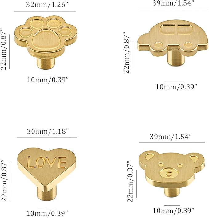 4Pcs Brass Knobs for Kids Cute Decorative Handles for Boys and Girls (Mix)