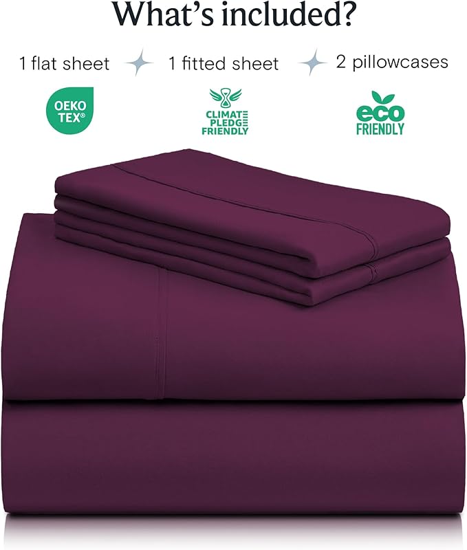 LuxClub 4 PC Full Sheet Set, Breathable Luxury Bed Sheets, Deep Pockets Wrinkle Free Cooling Bed Sheets Machine Washable Hotel Bedding Silky Soft - Eggplant Full