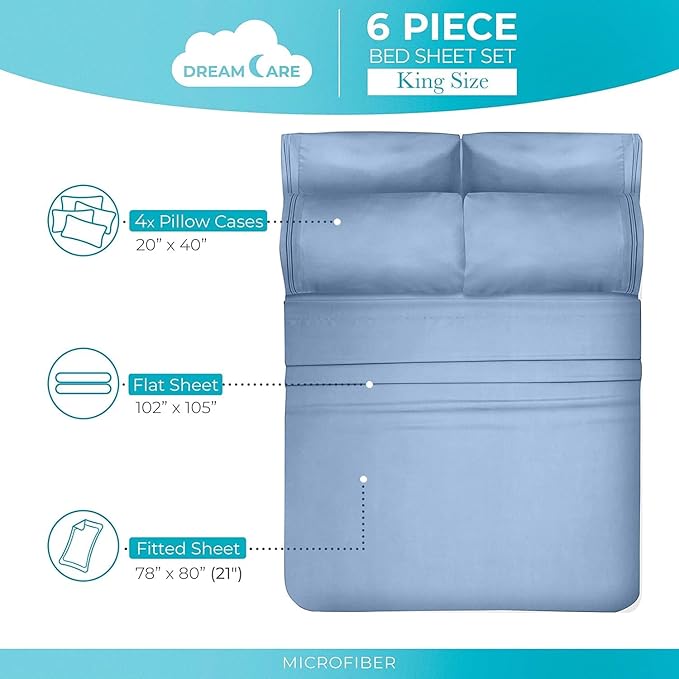 DREAMCARE California King Sheet Sets – 6 pcs Cooling Bed Sheets – up to 15” Deep Cal King Sheets – 2500 Supreme Collection – Extra Soft 100% Brushed Microfiber Hotel Luxury with Side Pocket – L Blue
