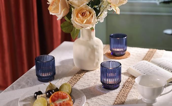 DEVI 8 Pcs Blue Votive Candle Holder for Wedding Centerpieces, Glass Ribbed Tea Light Holder for Wedding Table Decorations, Navy Blue Decor for Party Home Farmhouse Decorations