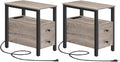 HOOBRO Set of 2 End Tables with Charging Station, Narrow Side Table with Drawers & USB Port & Power Outlets, Nightstand for Small Spaces, Living Room, Stable, Greige and Black BG541BZP201
