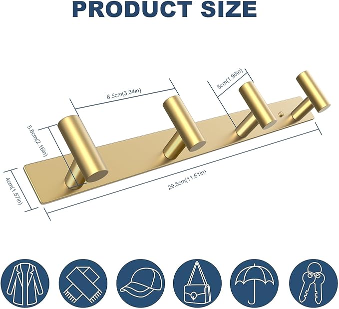 VAEHOLD Hat and Coat Wall Mount Rack - Hooks for Robes, Bags, Keys, and Towels - Bathroom Towel Hanger Organizer (Gold, “T“ Shape 4 Hooks 2 Pack)