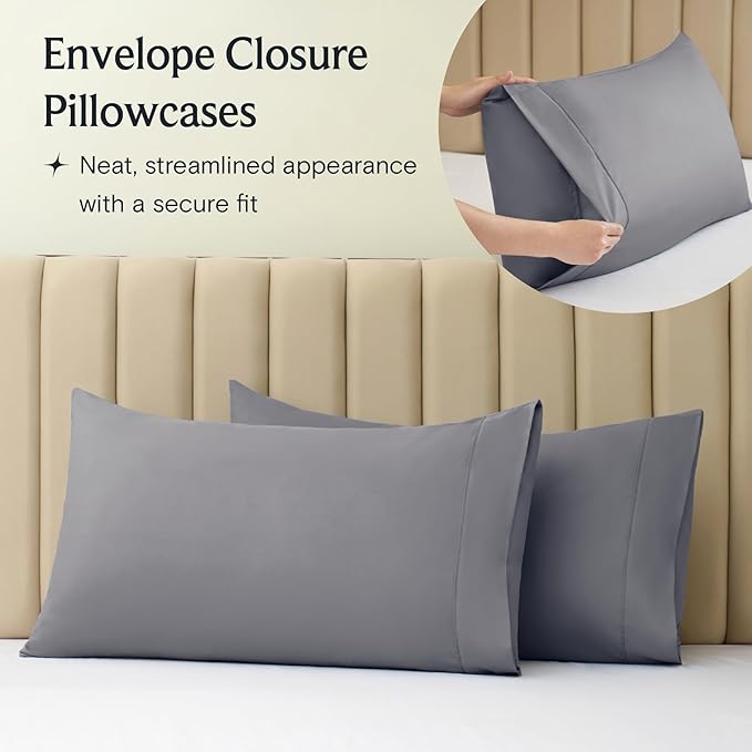 LuxClub 4 PC Queen Sheet Set, Bed Sheets Queen Size, Deep Pockets Wrinkle Free Cooling Bed Sheets Machine Washable Hotel Bedding Silky Soft - Light Grey Queen