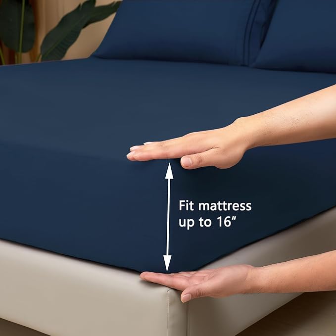 Mejoroom Queen Size Sheet Set - Hotel Luxury 1800 Bedding Sheets & Pillowcases - Deep Pocket Fitted Sheet, Soft, Breathable, Wrinkle & Fade Resistant - 4 Piece (Queen, Navy)