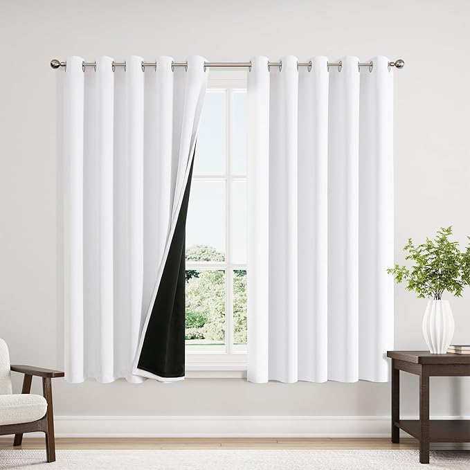 ChrisDowa 100% Blackout Curtains 63 inch Long for Bedroom with Black Liner, Extra Wide 2 Thick Layers Total Blackout Thermal Insulated Grommet Window Curtains 2 Panels Set (Pure White, 60 x 63 Inch)