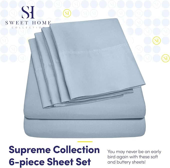 Queen Sheets Blue Misty - 6 Piece 1500 Supreme Deluxe Collection Deep Pocket Ultra Soft Queen Sheet Set Bedding - 2 Extra Pillow Cases, Great Value, Queen, Blue Misty