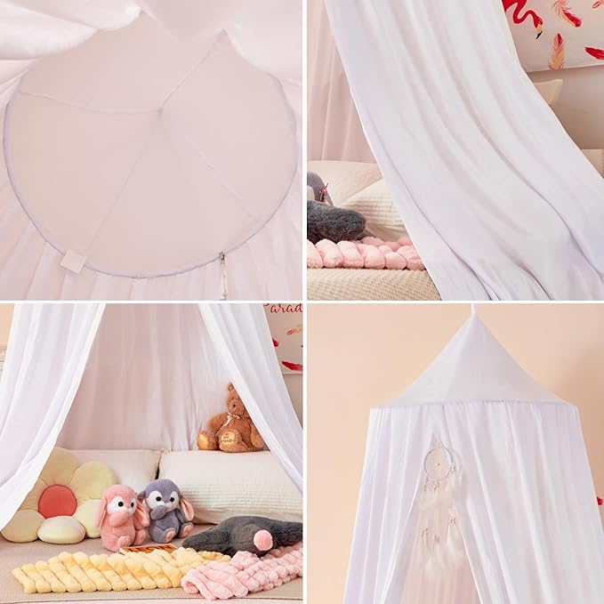 dix-rainbow Princess Bed Canopy for Kids Baby Bed, Round Dome Kids Reading Nook Indoor Outdoor House Tent Hanging Decoration Cotton Canvas White