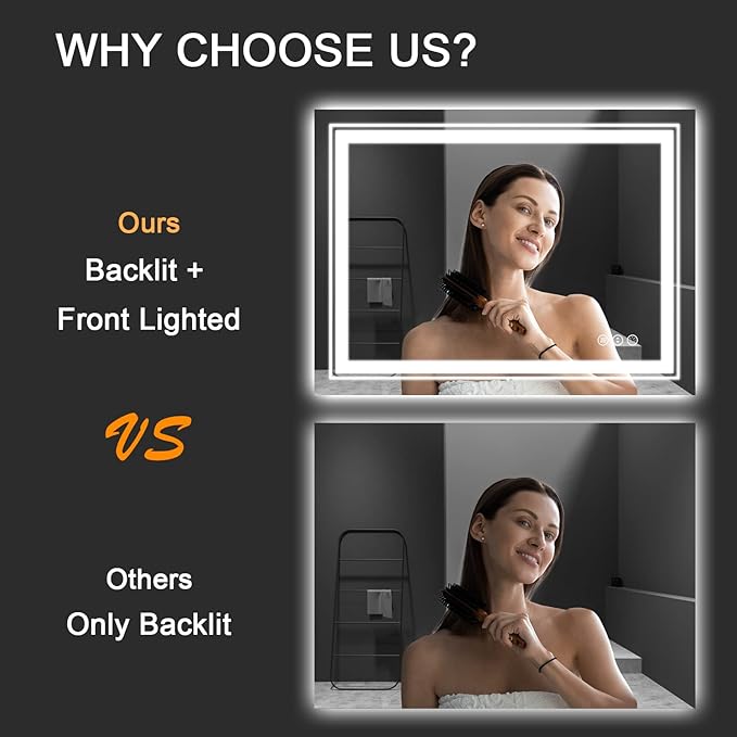 27x35 LED Bathroom Mirror with Front and Backlight, Dimmable Lighted Bathroom Vanity Mirror with Anti-Fog, Memory Function,Tempered Glass(Horizontal/Vertical)