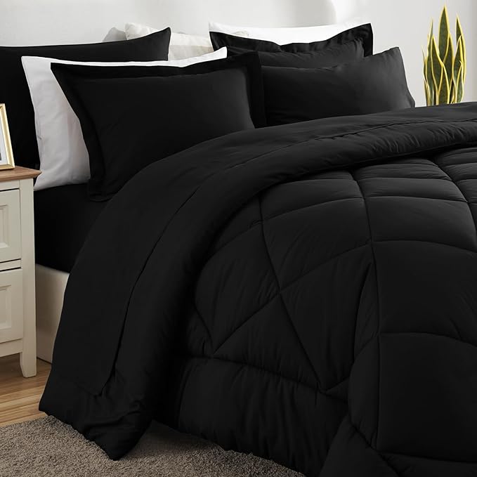 CozyLux Oversized Queen Comforter Set Black - 7 Pieces Bed in a Bag Comforter Set with Sheets, Luxury Soft Bed Set All Seasons, Bedding Set with Down Alternative Comforter, Sheets, Pillowcases & Shams