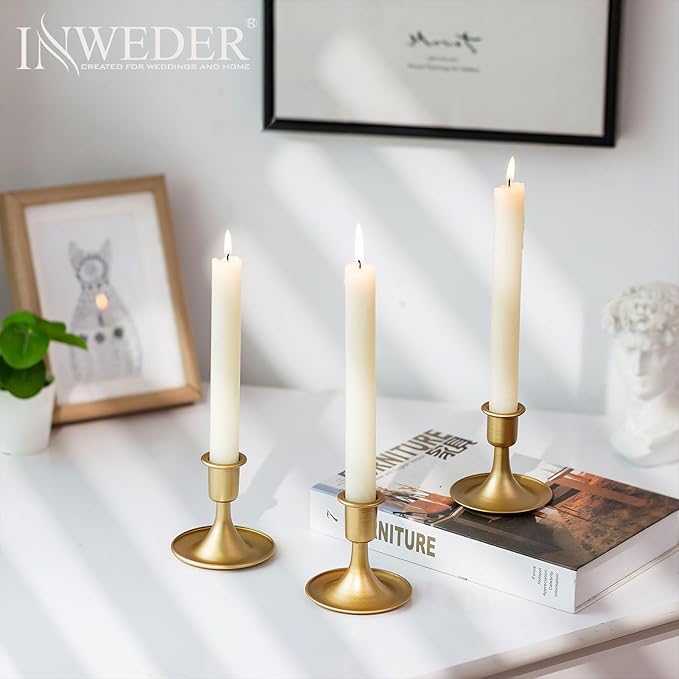 Gold Taper Candle Holder Vintage: Small Candle Sticks Holder Decor Brass Candlestick Holders for Home Dinning Table Wedding Centerpiece Holiday Party Chrismas Mantel Set of 6