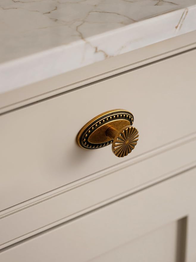 2 Pack Antique Brass Cabinet Knobs with Base Vintage Flat Drawer Pulls Kitchen Cupboard Bathroom Dresser Cabinet Hardware Handles Zinc Alloy