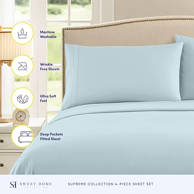 Twin XL Sheets - Breathable Luxury Sheets with Full Elastic & Secure Corner Straps Built In - 1800 Supreme Collection Extra Soft Deep Pocket Bedding Set, Sheet Set, Twin XL, Light Blue