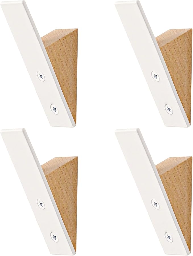 Homeforia Beech Wood Coat Hooks, High End Beech Wood & White Metal Wall Mounted Clothing Hooks, Mid-Century Modern Coat Hooks, Heavy Duty Wooden Hooks for Hanging Coats, Hats, Towels & More, Set of 4