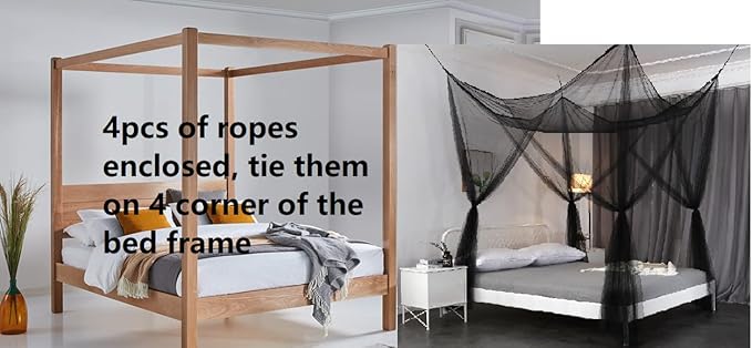OctoRose Four Post Mosquito Net for Bed Canopy -Fits Queen, King, California King Beds-Indoor & Outdoor Use- Black